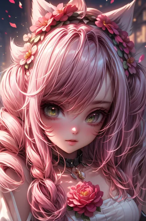  8k、 She's a girl with green eyes shaped like flowers,   She has long curly hair tied in pigtails  ,   her hair is gray with black highlights   .    The girl with thin sleeves    ,   on the tip of her dress   /It's a crossroads of life where 々 is made from...