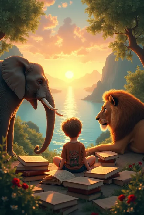 Make me a picture with a boy who has books around in a landscape at sunset, with nature all around and a sea in front, with an elephant and a lion for company