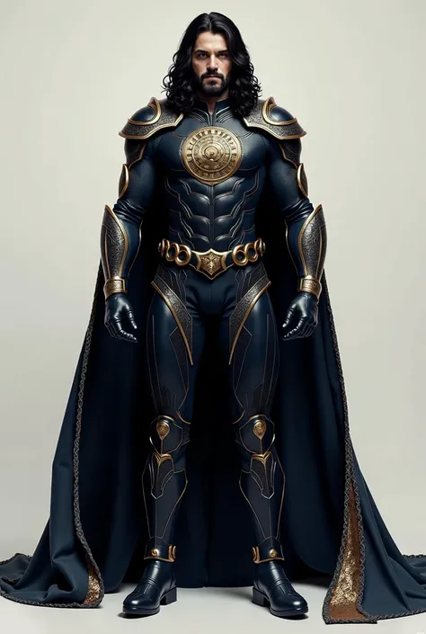 generate a superhero costume based on the description given below 

1. Base Design: A muscular, high-tech armored bodysuit in shades of black and deep blue, costume is inspired by man of steel costume but the logo should not be copied 


2. Indian Elements...