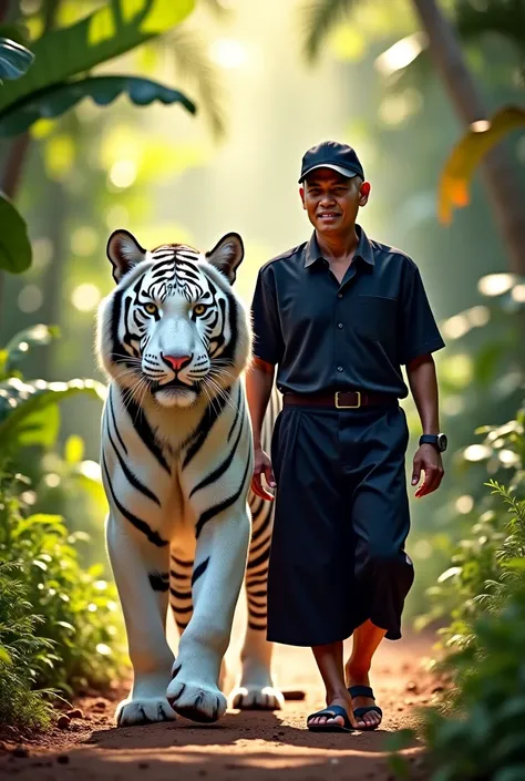 Indonesian man wearing a black cap, black shirt, black sarong, wearing flip-flops, walking with a white tiger