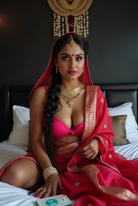 Hot indian milf  with 36-36-34 figure front view, curvy, sexy black panty and  pink satin bra ,big red bindi on head got ready as hot traditional Hindu milf with gunghat of  saree on head , red and white bengels both hands , gold nose ring,in bedroom with ...