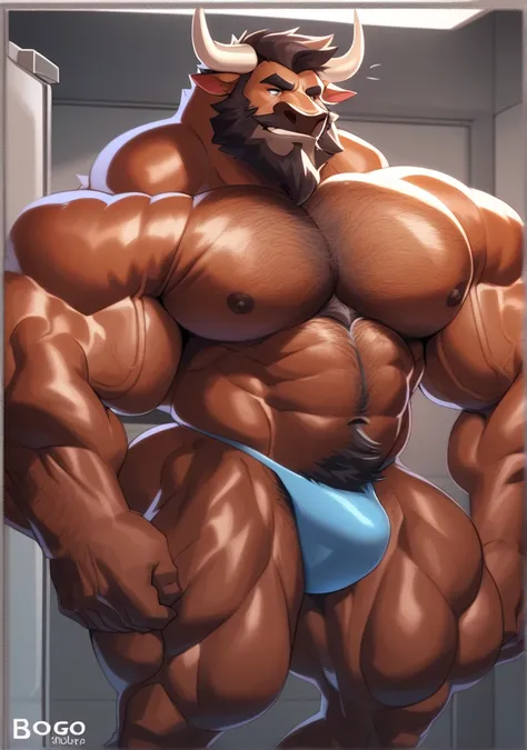 Bogo bodybuilder , buffalo,  dark brown coat color with anthropomorphic blue thong,  bogo is a bodybuilder with exaggerated muscles ,  bogo with endomorphic body , strong physique,  very muscular,   perfect anatomy  ,   masterpiece , beard,  ,   strong jaw...