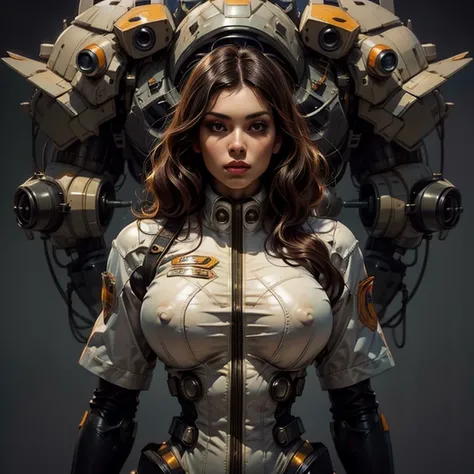 Beautiful and sophisticated woman in tight clothing, An erotic, form-fitting, semi-transparent pilot suit、a giant Mecha pilot、The background is a Mecha factory、Very sophisticated、realistic、8k、Cinema Lighting、Intricate details、Dramatic composition、Dynamic p...