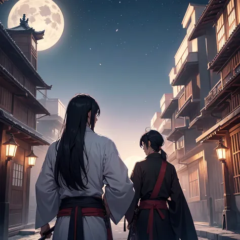  Generate an anime-style image showing a swordsman with his back ,  following an old map that leads him to an imposing Japanese mansion .  The atmosphere must be mystical and slightly ominous ,  highlighting details such as the traditional architecture of ...