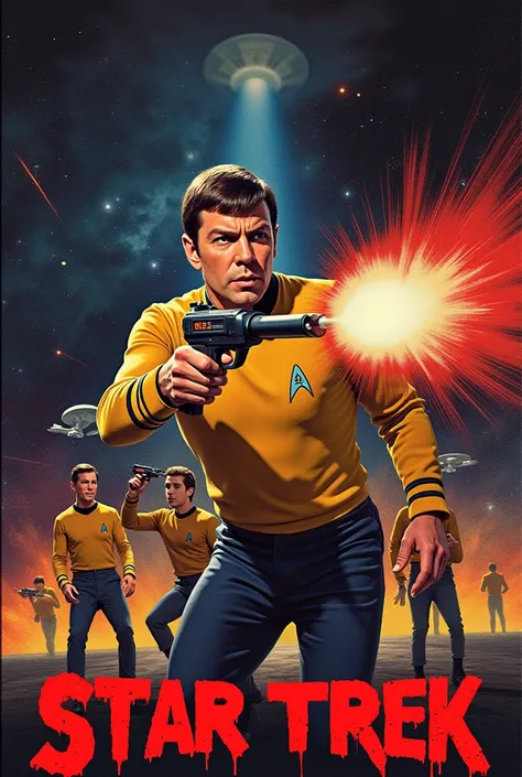 Create a classic psychedelic film poster for the 1966 star trek movie, crazy officer has phaser shooting indiscriminately, crew members try to stop, classic text and logo "Star Trek: Red Shirt Rampage"