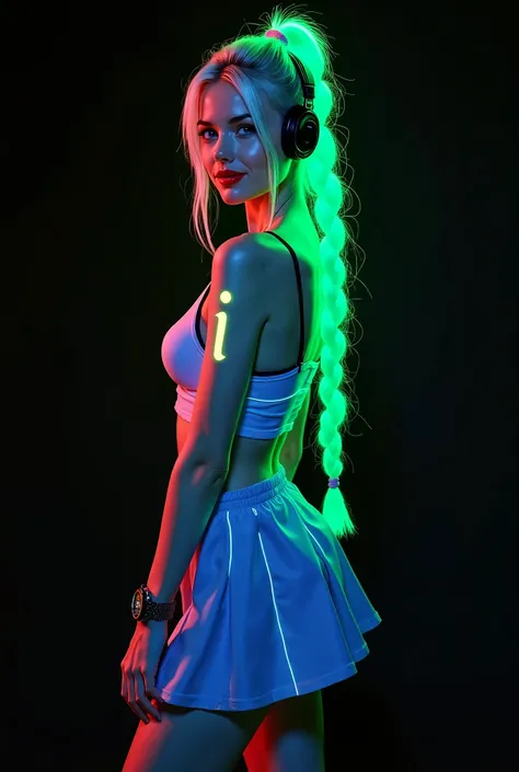 Ukrainian Russian woman, futuristic full body standing image in cyberpunk style of beautiful white blonde Russian woman with phosphorescent neon green braided hair and blue sporty mini skirt with futuristic accessories, illuminated glowing watch and smartp...