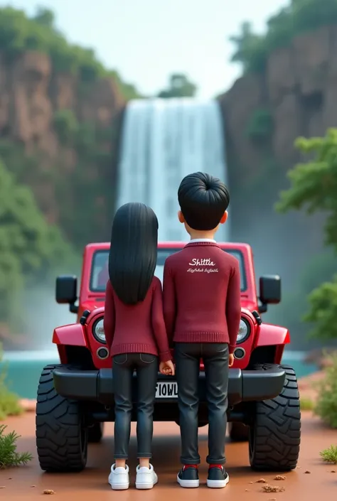 3d realistic animation ,  an Indonesian couple , the girl is wearing a maroon sweater there is a name written  "Shitta "  On the chest ,  wears black jens pants white sneakers .  and the guy wearing a maroon sweater has the name written  "Robby"   black je...