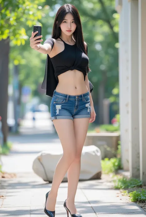 Full-body selfie of a woman (Natural sunlight, high quality, 4K, candid street style:1.3), sharp focus:1.2, 1 Korean woman with a beautiful figure:1.4, slim abs:1.1, ((medium tan skin)), ((dark straight black hair)), (Casual yet stylish outfit: tight-fitti...