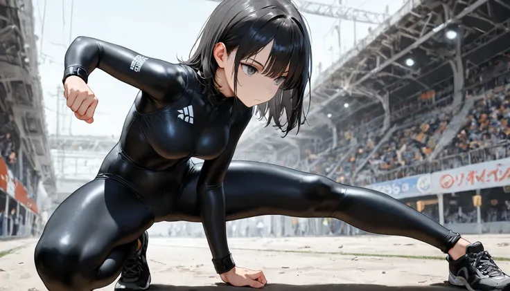 medium hair, black hair, grey eyes, expressionless, fighting stance, crouching, masterpiece, sports wear, skin tight, bodysuit, best quality, amazing quality, detailed background, intricate details