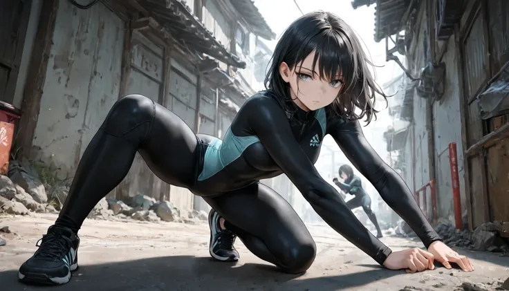 medium hair, black hair, grey eyes, expressionless, fighting stance, crouching, masterpiece, sports wear, skin tight, bodysuit, best quality, amazing quality, detailed background, intricate details