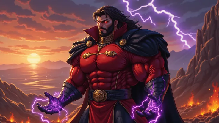 Bison from streat fighter, masterpiece,A powerful and commanding warrior dressed in a crimson military-style uniform with sharp shoulder pads, a flowing black cape, and a high-collared tunic. He has a muscular build, glowing red eyes, and a fierce expressi...