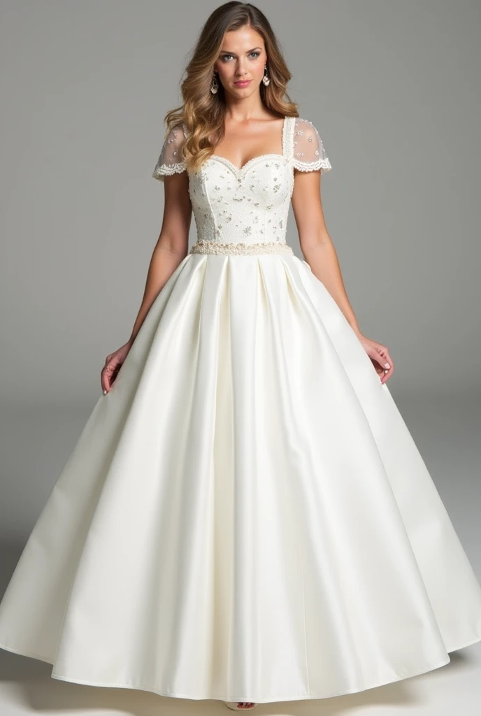  This dress has a delicate and elegant design .  It is white , with lush ,  with translucent sleeves ,  that add romance to it .  The top is decorated with embroidery and shiny decorative elements,  that creates an exquisite look .  The neckline is square ...