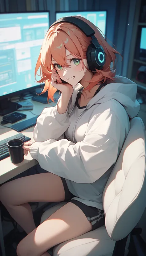 In a bright room　Facing the monitor 　Streaming via PC　I put on my headphones　 on one foot　 cute girl 