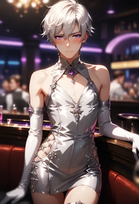 (Masterpiece), best quality, highest quality, highly detailed CG unity 8k wallpaper, original, high resolution, (depth of field: 1.5), fidelity: 1.3, solo focus, 1guy, male, mature, flat chest, nightclub, white hair, very short hair, (purple eyes), blush, ...