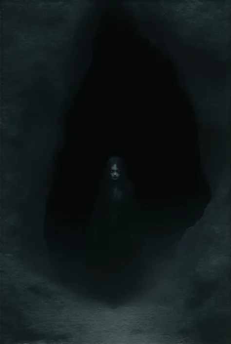 Image of vampire girl, glowing red eyes, face half covered in darkness as she walks out of a cave to a scared adventurer From Above, 