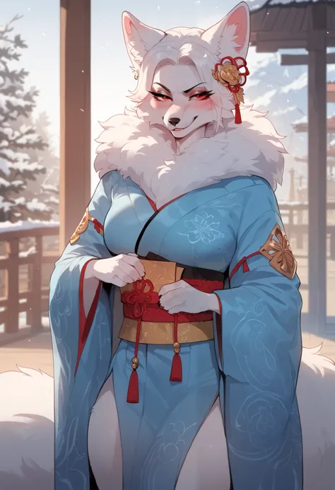 Score_9, Score_8_up, Score_7_up, Score_6_up, uploaded the e621, upper view, anthro, humanoid female, snow fox, strong body, fluffy body, white fur, fluffy, detailed eyes, blushing, aroused smirk,  wide hips, dommy mommy, ((taller frame)), ((uper body)), be...