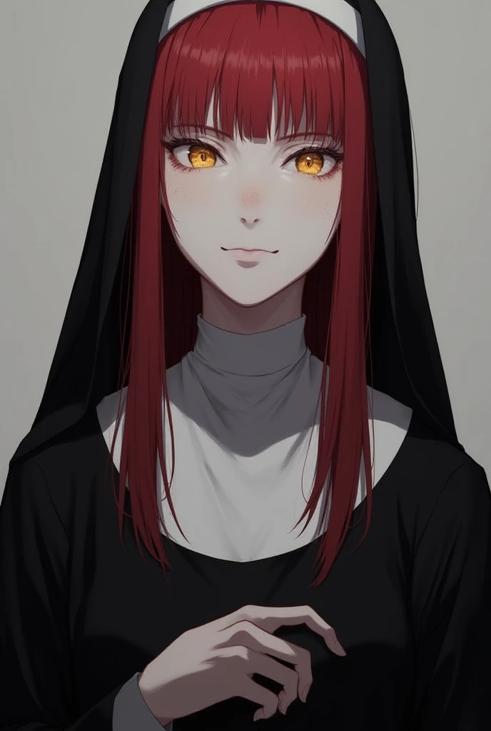 A woman an elf ,She wears nun clothes , her hair is red, She has yellow-colored eyes,Her skin is very white ,HD wallpaper, wallpaper, anime, She has a dark appearance ,  maybe someone from the dark, Or someone who does bad things.