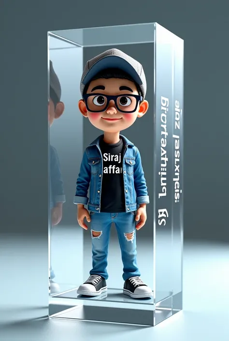  crystal glass box resembling an award ,  with FB icon logo , written with name "BING IMAGE"  inside is a miniature Indonesian man with a smiley face,  25 years old,  is wearing glasses,  wearing the best baseball cap ,  black t-shirt with the inscription ...