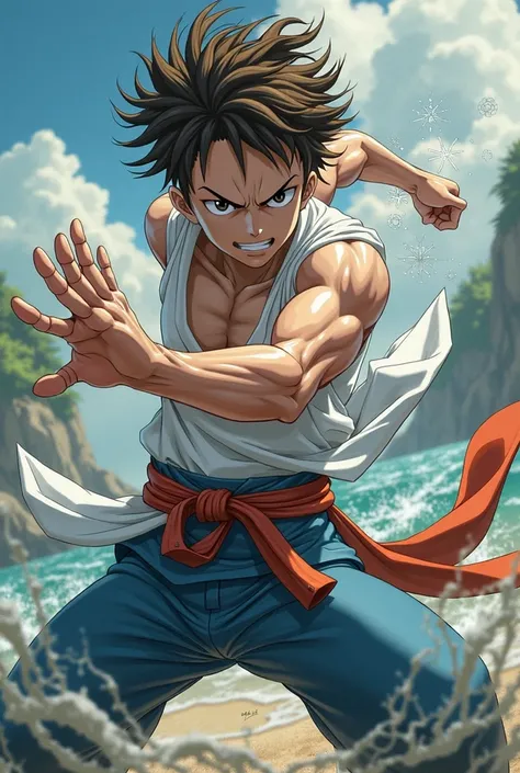  create a character with the art style of One Piece with the following specifications



youthful,  White , Use the fighting style of karate Fishman ,  brown hair,  Dark eyes, friendly