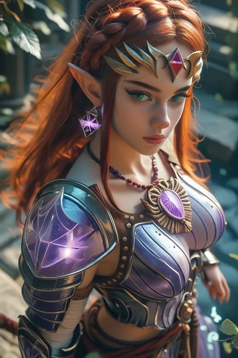 princess zelda, photoreaistic, fit, fair skin, (((long auburn hair))), green eyes, black eyeliner, (((perfect breasts))), pointy ears. Wearing (((glowing purple transparent armor))). Japanese castle at night background. Wearing glowing triforce pendant. Hi...