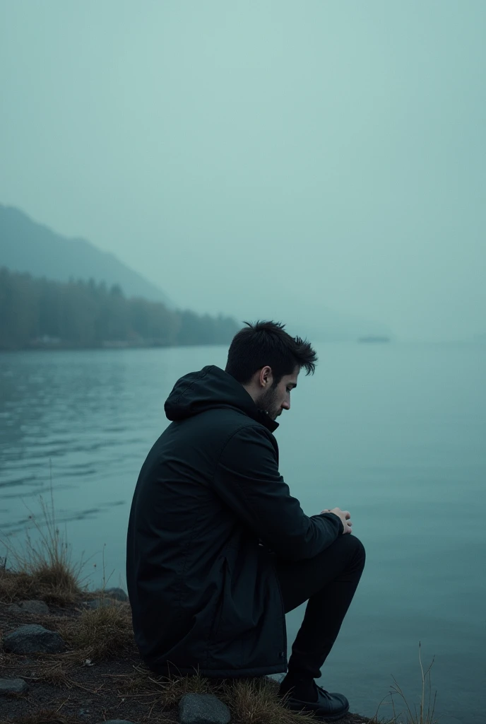 One wears a black jacket overlooking a lake sitting by the sea brooding while enjoying solitude depicting a breakup