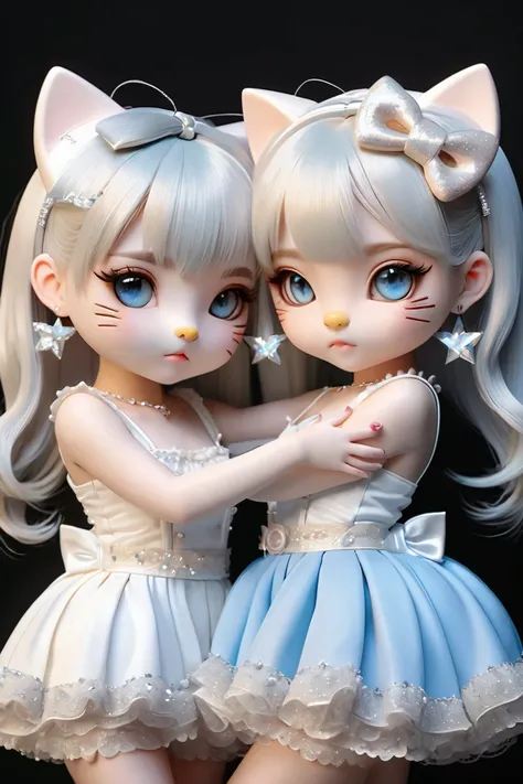 2 cat girls,2girl , twin tails, full body shot with a shy expression,((Hug each other composition)), 2 girls facing each other ,kitten, twin tails, full body shot with a shy expression,ハBーキティー,とても beautiful,白いCat ears, full body shot with a shy expression,...