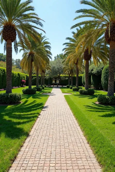 The garden is 30 meters long and 20 meters wide. There is an interlock pavement with a width of 1 m .  and an interlock pavement with a width of 1 meter in the middle of its width, with a palm tree in the middle of the garden and in every corner there is a...