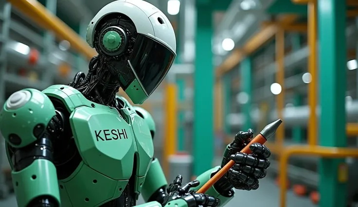 a humanoid robot holding engineering tools while inspecting the workings in a section of a petrochemical refinery plant. The colours of the robot is green and white. the text "KESHI" is inscribed on the front jacket of the robot