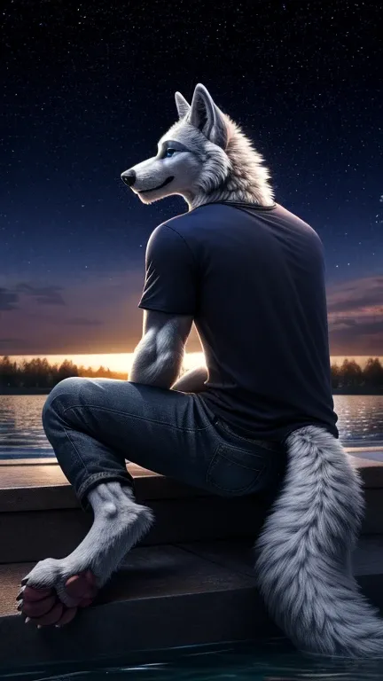 solo,(wolf),mature,male,((white fur)),blue_eyes,tail,handsome,toe claws,digitigrade,sitting_on_water,lowleg,pink pawpads,pants,t-shirt,clothing details,Cinematic Lighting,cirrocumulus_stratiformis,perfect lighting,(best quality),(masterpiece),(ultra detail...