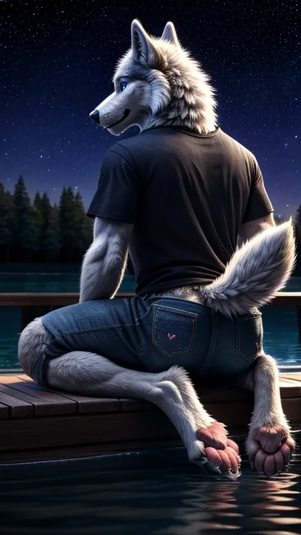 solo,(wolf),mature,male,((white fur)),blue_eyes,tail,handsome,toe claws,digitigrade,sitting_on_water,lowleg,pink pawpads,pants,t-shirt,clothing details,Cinematic Lighting,cirrocumulus_stratiformis,perfect lighting,(best quality),(masterpiece),(ultra detail...