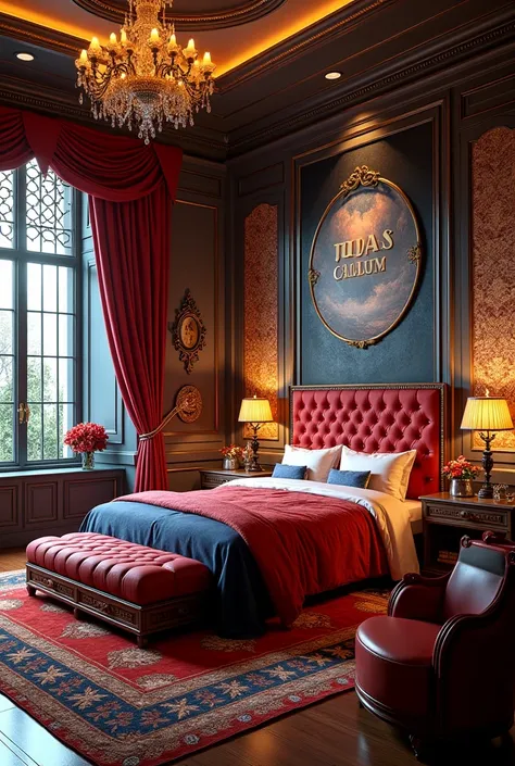 Image for a luxurious bedroom with the name Judas Callum in the wall. Big and decorated with super heroes.