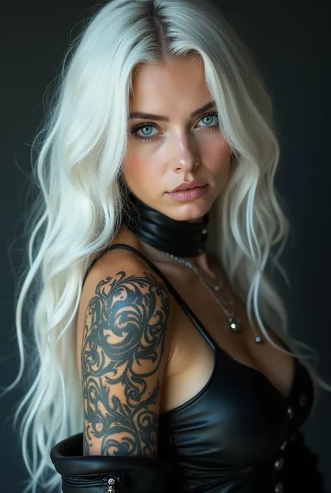 Image of a woman in her 20s , long white hair,  bright blue eyes , white,  Black tattoo that goes up from the shoulder to the neck, daring clothes,  leather jacket, lots of ear piercings 