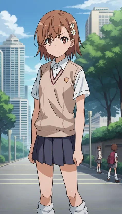 score_9, score_8_up, score_7_up, source_anime,
mikotomisaka, 
mikoto misaka, short hair, brown hair, hair ornament, hair flower, brown eyes,
skirt, shirt, school uniform, white shirt, short sleeves, pleated skirt, grey skirt, mini skirt, sweater vest, toki...