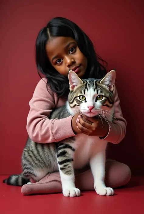 realistic picture of me holding my pet i am a dark skin girl.. my pet his name is sushi he is a Scottish fold ears 7 months old with gray and while hair with touches of brown and stripes of black lines and dots on his body and face. He love red colour

