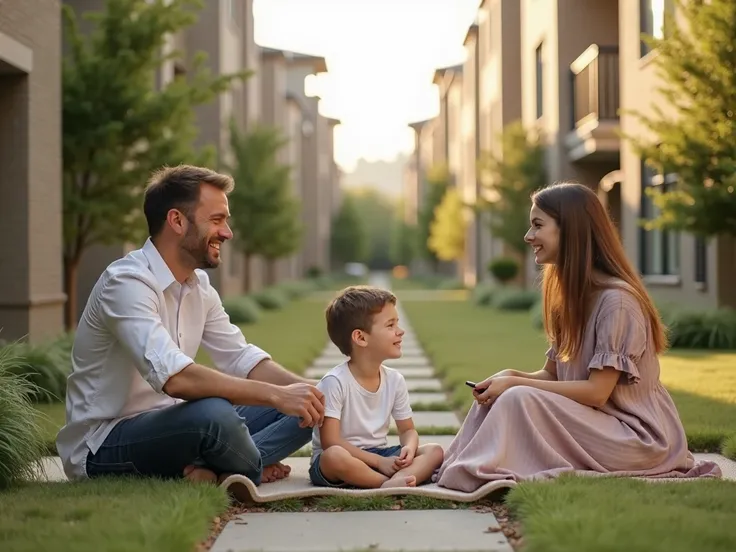 A man dressed in casual,  a beautiful woman dressed in casual dress,  and a boy dressed in a casual , Sitting pose enjoying the  exterior of living complex, realistic real photo  