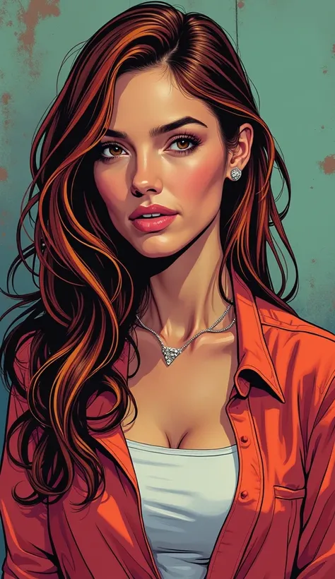 DISCREET image. with discreet casual clothes. image adult woman, american, comic book style. with a neutral face . IMAGES WITH VIBRANT COLORS. long hair