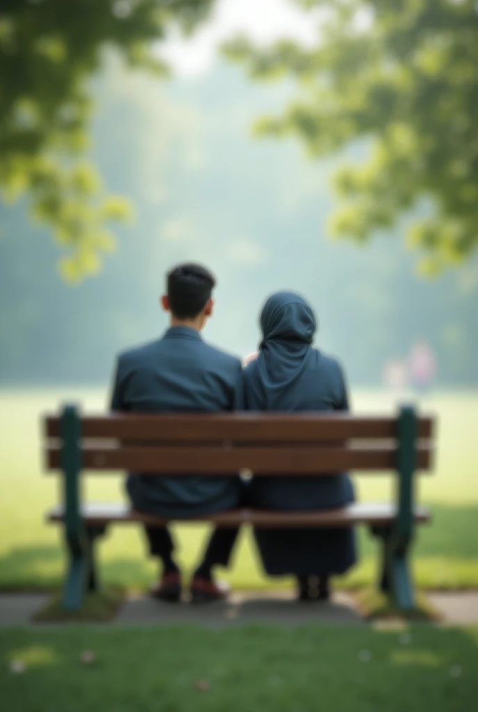 Blurry Anime muslim couple in a park sitting in a bench looking forward 