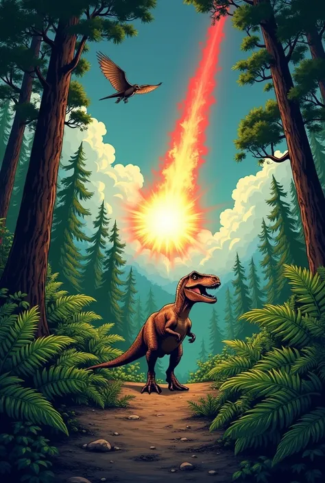 Comic - Mesozoic Era  ( 252 - 66 million years ago )
📍 scenario:  A lush and dense forest ,  dominated by conifers and giant ferns. A T-Rex walks imposingly in the center of scene ,  while a pterosaur flies through the sky . On the horizon,  a huge meteor ...