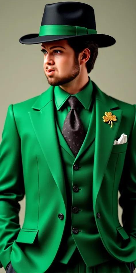 Green suit and black hat with clover