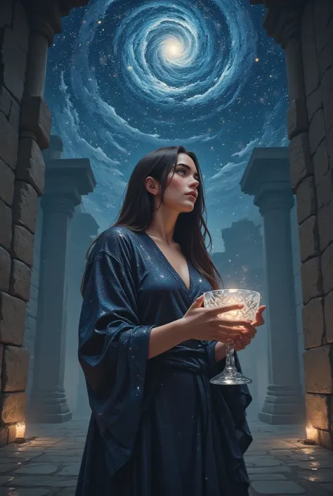 In the heart of an ancient stone temple, beneath a sky where the stars burn like silver embers, she stands alone. A solitary figure bathed in the soft glow of celestial light, her skin shimmering with an ethereal glow. The night sky overhead swirls with co...