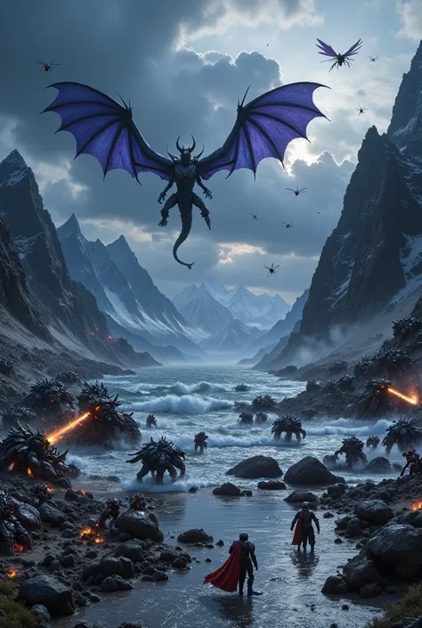 everquest cobalt scar, really dark grey overcast skies, crescent beach, battle scene should be adventures fighting othmir otters, wyverns, sexy mermaid sirens with scales and glowing eyes, and in distance in sky is a giant dragon with purple/black scales