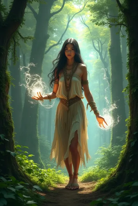  Forest full of trees ,  a woman, dressed as Aboriginal ,  magic coming out of her fingers, white honey , light eyes,  long hair