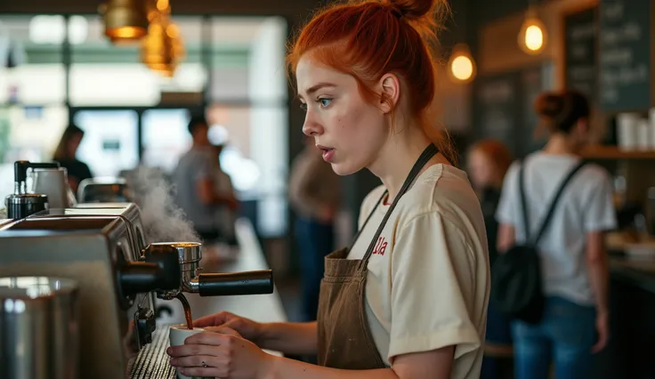 Hyper-realistic cinematic photo, back view of a young 18-year-old super cute red-haired model with big blue eyes, wearing a faded oversized t-shirt, working as a waitress in a bustling coffee shop. She stands behind a polished espresso machine, pouring cof...