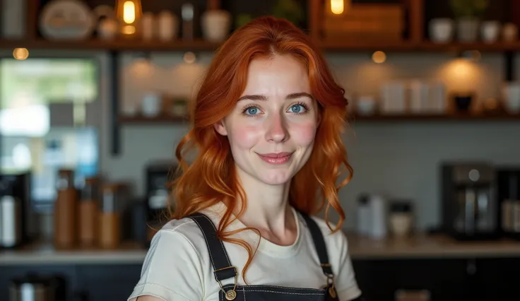 picture from back , of a young super cute 18 years old elegant redhair model,  big blue eyes, wearing poor old t-shirt , working as a waitress in a coffee shop making a coffee to a client , the coffee shop is very busy  , she is looking at the coffee and s...