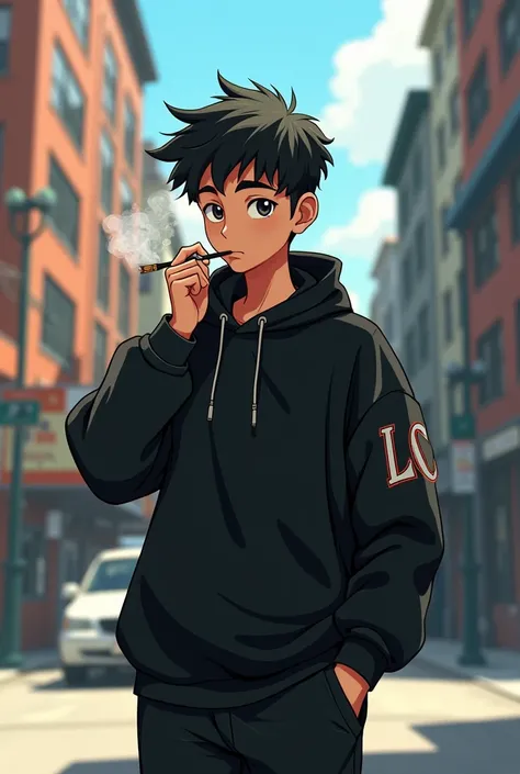 Animated white male person with black hair walking down the street lighting a joint dressed in black with the initials L.C on one side