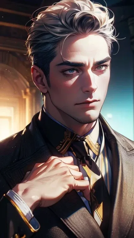 (      high quality. ,4K,8k,      highres,      masterpiece :1.2),      ultra-detailed    ,(realistic,photorealistic,photo-realistic:1.37),36-year-old man,10-day beard,Beautiful anime,Portraits,strong,Masculine,   with dark gray hair  ,sharp jaw,          ...