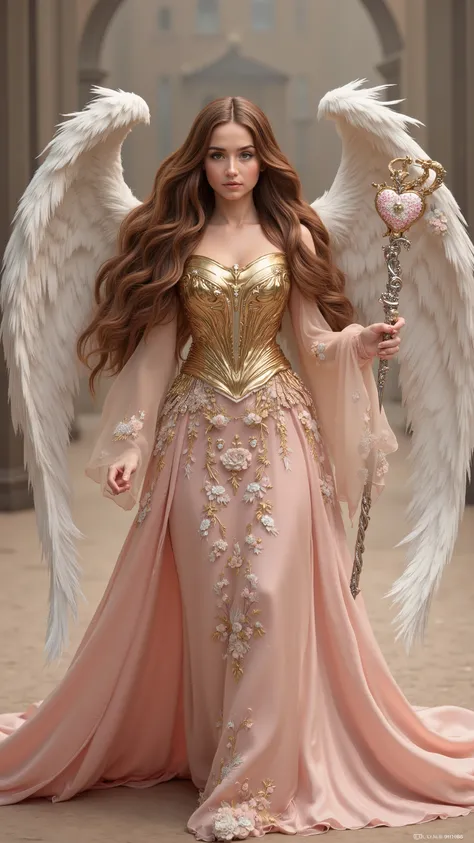 Ana de Armas reimagined as a majestic hot and gorgeous angel with huge white angel wings with detailed feathers walking and holding staff、1 female、 cleavage,
flowing chestnut-brown hair cascading in soft waves, framing her luminous face and deep, express...