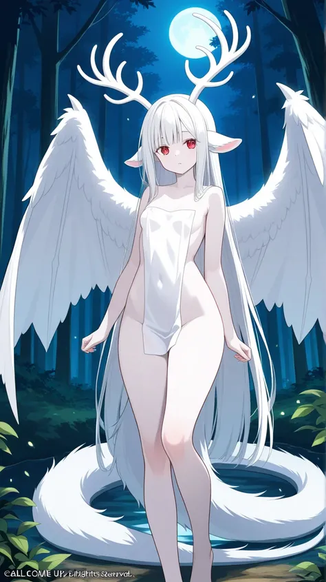  high quality), (masterpiece), (super detail), long hair, straight hair, white hair, detailed eyes, red eyes, very pale skin, white small deer antlers, pointed animal ears on the sides, white very long tail, not looking at the viewer with half-closed eyes,...