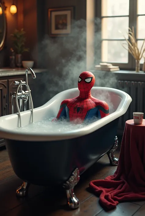 Spiderman takes a hot bath