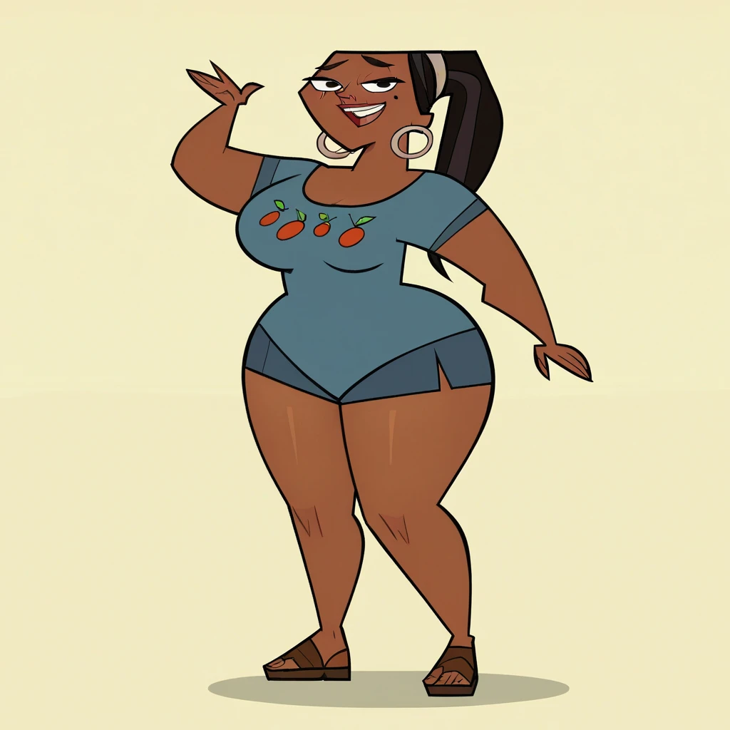 score_9, score_8_up, score_7_up, 1girl, Leshawna, dark skin, black hair, ponytail, black eyes, hoop earrings, mole under eye, large breasts, wide hips, looking at viewer, highres, high quality, masterpiece, full length body, brown sandals, short-sleeves, r...